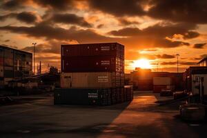 Lager beim Hafen mit Behälter beim Sonnenuntergang. ai generiert foto