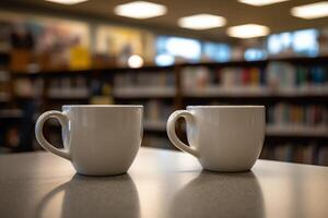 zwei Kaffee Tassen Sitzung auf ein Tabelle im Vorderseite von ein Buch Regal im ein Bibliothek Bereich von ein Bibliothek Bereich mit Bücherregale im das Hintergrund. ai generiert foto