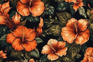 Hibiskus Muster mit üppig Vegetation perfekt exotisch Kulissen. ai generiert foto