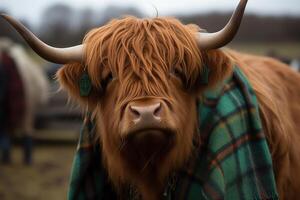 schottisch Hochland Kuh tragen Grün Tartan Schal. ai generiert foto