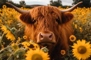 Hochland Kuh Gesicht mit viele verschiedene Sonnenblumen. ai generiert foto