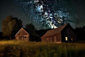 Zwilling Scheunen unter Sommer- Nacht Himmel. ai generiert foto