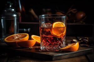 Negroni Cocktail mit Orange schälen auf ein dunkel hölzern Tisch. ai generiert foto
