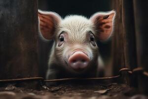 wenig ziemlich Baby Schwein spähen aus von hinter Zaun beim Schwein Bauernhof. ai generiert foto