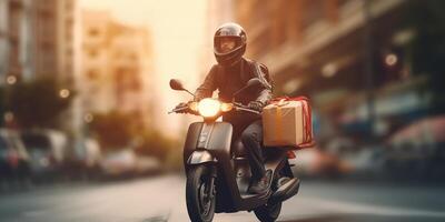Lieferung Mann Reiten Roller Motorrad mit Bewegung verwischen Stadtbild Hintergrund. generativ ai foto