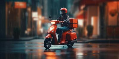 Lieferung Mann Reiten Roller Motorrad mit Bewegung verwischen Stadtbild Hintergrund. generativ ai foto