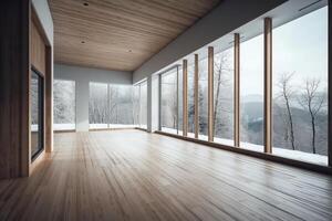 leeren Zimmer Innere Design öffnen Raum mit groß Panorama- Fenster auf Winter Aussicht mit Schnee Parkett hölzern Fußboden gewellt Blatt Dach modern minimal die Architektur Idee. ai generiert foto