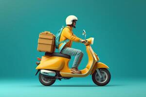 Lieferung Mann Reiten Roller Motorrad zum online Lieferung Bedienung auf Blau Hintergrund. generativ ai foto