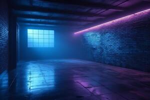 Neon- retro Backstein Wände Verein Nebel dunkel nebelig leeren Flur Gang Zimmer Garage Studio tanzen glühend Blau lila Stelle Beleuchtung Beton Fußboden 3d Wiedergabe. ai generiert foto