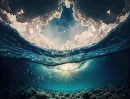 faszinierend Marine Leben unter Wasser Szene mit bunt Felsen, Sonnenstrahlen, und beschwingt Pflanzen im Kristall klar Wasser ai generiert foto