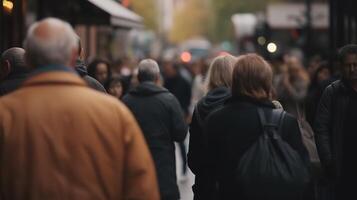 Stadt Leben im Bewegung. ein Bokeh verwischen von Menschen Gehen durch das beschäftigt Straßen. generativ ai foto