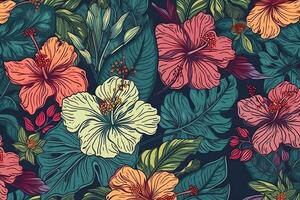 hawaiisch Stil Muster mit Hibiskus Blumen und üppig Vegetation Ideal exotisch Hintergründe. ai generiert foto
