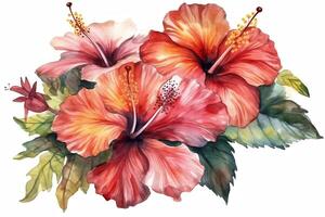 tropisch Sommer- exotisch Blumen Aquarell gezeichnet Hibiskus auf isoliert Weiß Hintergrund. ai generiert foto