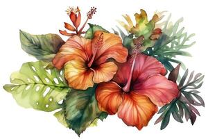 Aquarell Strauß mit tropisch Blume und Grün Blätter realistisch bunt Hibiskus und Monstera. ai generiert foto