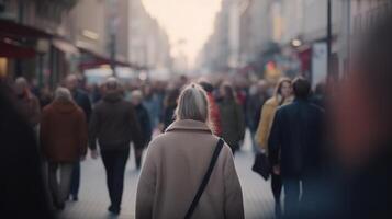 Stadt Leben im Bewegung. ein Bokeh verwischen von Menschen Gehen durch das beschäftigt Straßen. generativ ai foto