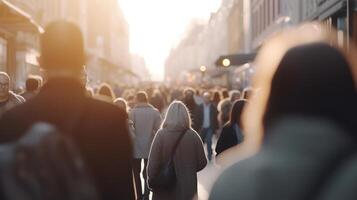 Stadt Leben im Bewegung. ein Bokeh verwischen von Menschen Gehen durch das beschäftigt Straßen. generativ ai foto