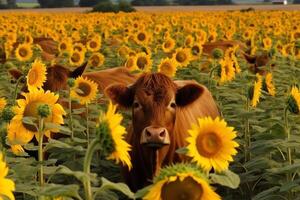 viele verschiedene Sonnenblumen Hochland Kuh Gesicht. ai generiert foto