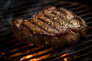 Nahansicht von saftig Steak auf Grill. ai generiert foto