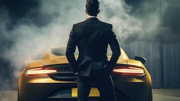 ein Reich Geschäftsmann Stehen im Vorderseite von ein luxuriös Supersportwagen. generativ ai foto