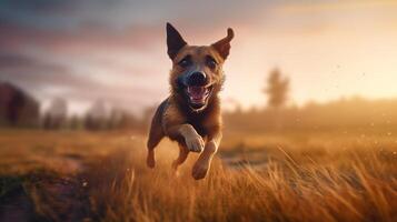 ein glücklich Hund springen mit Freude über das sonnendurchflutet Feld. generativ ai foto