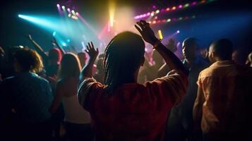 Nachtleben im voll schwingen. ein überfüllt Disko Verein mit Hände im das Luft. generativ ai foto