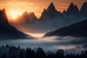 erstaunlich Berg Spitzen beim Sonnenaufgang. ai generiert foto