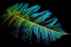 tropisch Blatt Europäische Sommerzeit glühen im das schwarz Licht Hintergrund hoch Kontrast. ai generiert foto