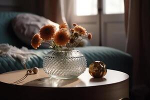 Design skandinavisch Innere von Leben Zimmer mit Blumen im Vase und elegant persönlich Zubehör. ai generiert foto