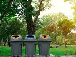 recyceln Behälter Kopieren Raum natürlich Umgebung Grün Ökologie Müll Abfall Müll Behälter Recycling Verschmutzung Plastik Müll sauber Erde Welt Tasche Konzept Industrie Park Garten sich weigern draussen Wiederverwendung global foto