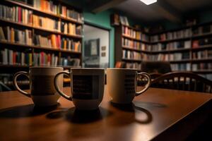 zwei Kaffee Tassen Sitzung auf ein Tabelle im Vorderseite von ein Buch Regal im ein Bibliothek Bereich von ein Bibliothek Bereich mit Bücherregale im das Hintergrund. ai generiert foto