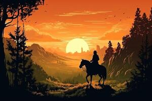 wild Westen Poster Cowboy Reiten in das Sonnenuntergang mit seine Pferd wild Westen Landschaft. ai generiert foto