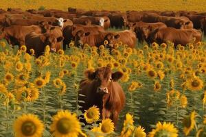 viele verschiedene Sonnenblumen Hochland Kuh Gesicht. ai generiert foto