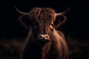 Porträt von Hochland Kuh Kalb im Schottland dunkel Farben. ai generiert foto