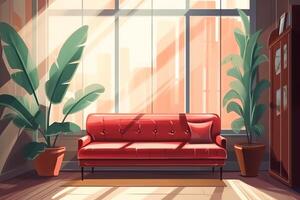 Illustration von modern Leben Zimmer Innere mit rot Sofa in der Nähe von groß eingetopft Pflanze und Panorama- Fenster gegen Mauer mit Streifen. ai generiert foto