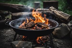 draussen Kochen beim Lagerfeuer Essen auf Feuer Hinterhof Grill. ai generiert foto