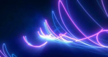 abstrakt Blau und lila glühend Neon- Energie Laser- Linien fliegend auf ein schwarz Hintergrund foto