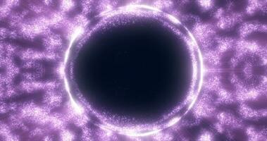 abstrakt lila Hintergrund von ein Energie Blau Magie Ring von ein runden Rahmen von glühend Partikel und Wellen von Energie foto