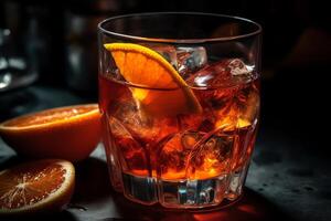 Negroni Cocktail mit Orange schälen und Eis Nahaufnahme. ai generiert foto