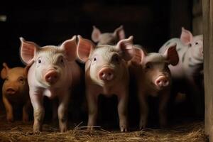 Ferkel Familie im Scheune durch Trog auf Dorf Bauernhof. ai generiert foto