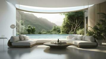 ein futuristisch Weiß minimal Innere von ein Leben Zimmer, luxuriös Innere, extra groß Sofa Design, tropisch Pflanzen, Aussicht mit Blick auf das natürlich Landschaft, und modern Schwimmen Schwimmbad, generieren ai foto