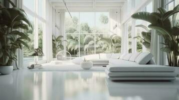 ein futuristisch Weiß minimal Innere von ein Leben Zimmer, luxuriös Innere, extra groß Sofa Design, tropisch Pflanzen, Aussicht mit Blick auf das natürlich Landschaft, und modern Schwimmen Schwimmbad, generieren ai foto