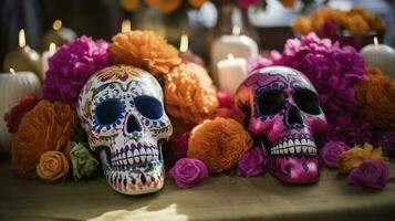 Tag von das tot Schädel. dia de los Muertos. Tag von das tot und Mexikaner Halloween Hintergrund. Mexikaner Tradition Festival. Tag von das tot Zucker Schädel. dia de los Muertos, generieren ai foto