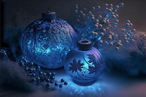 Illustration von Blau Glas Ball mit Winter Ornamente auf dunkel Hintergrund. generativ ai Illustration. foto