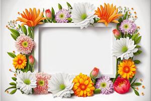 Blumen- Rahmen mit Gänseblümchen und Tulpen Blumen auf Weiß Hintergrund. generativ ai Illustration. foto