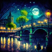 Stadt Mondlicht. ein malerisch Aquarell-Stil generativ ai Illustration von ein Stadtbild beim Nacht, mit ein Brücke Über ein Fluss mit glühend Laternen, ein voll Mond, und ein des Mannes Silhouette. foto