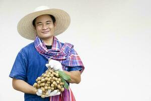 Porträt von glücklich asiatisch Mann Farmer ist beim Obstgarten, trägt Hut, Blau Shirt, hält Longan Früchte fühlt sich stolz. Konzept , thailändisch Bauern wachsen organisch Longan wie ein Export Landwirtschaft Produkt von Thailand. foto