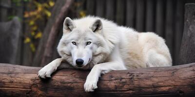 ein Weiß Wolf mit Blau Augen Lügen auf das Log ai generiert foto