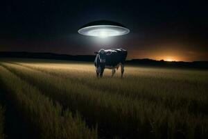 UFO entführen Kuh Feld. generieren ai foto