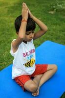 asiatisch Clever Kind tun Yoga Pose im das Gesellschaft Park draussen, Kinder- Yoga Pose. das wenig Junge tun Yoga und Meditation Übung. foto