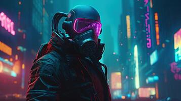 Cyberpunk Soldat mit Gas Maske, Digital Kunst Illustration, generativ ai foto